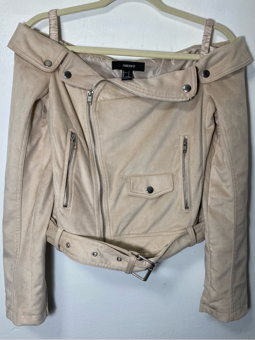Forever 21 Off-Shoulder Suede-Look Moto Jacket in Light Beige
